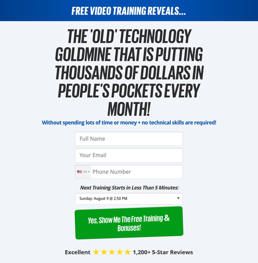 Screenshot of the Book Profits free web class registration page, showing the same headline as the postcard, name, email and phone fields, a list of upcoming session times, and a green button reading Yes, Show Me The Free Training and Bonuses.